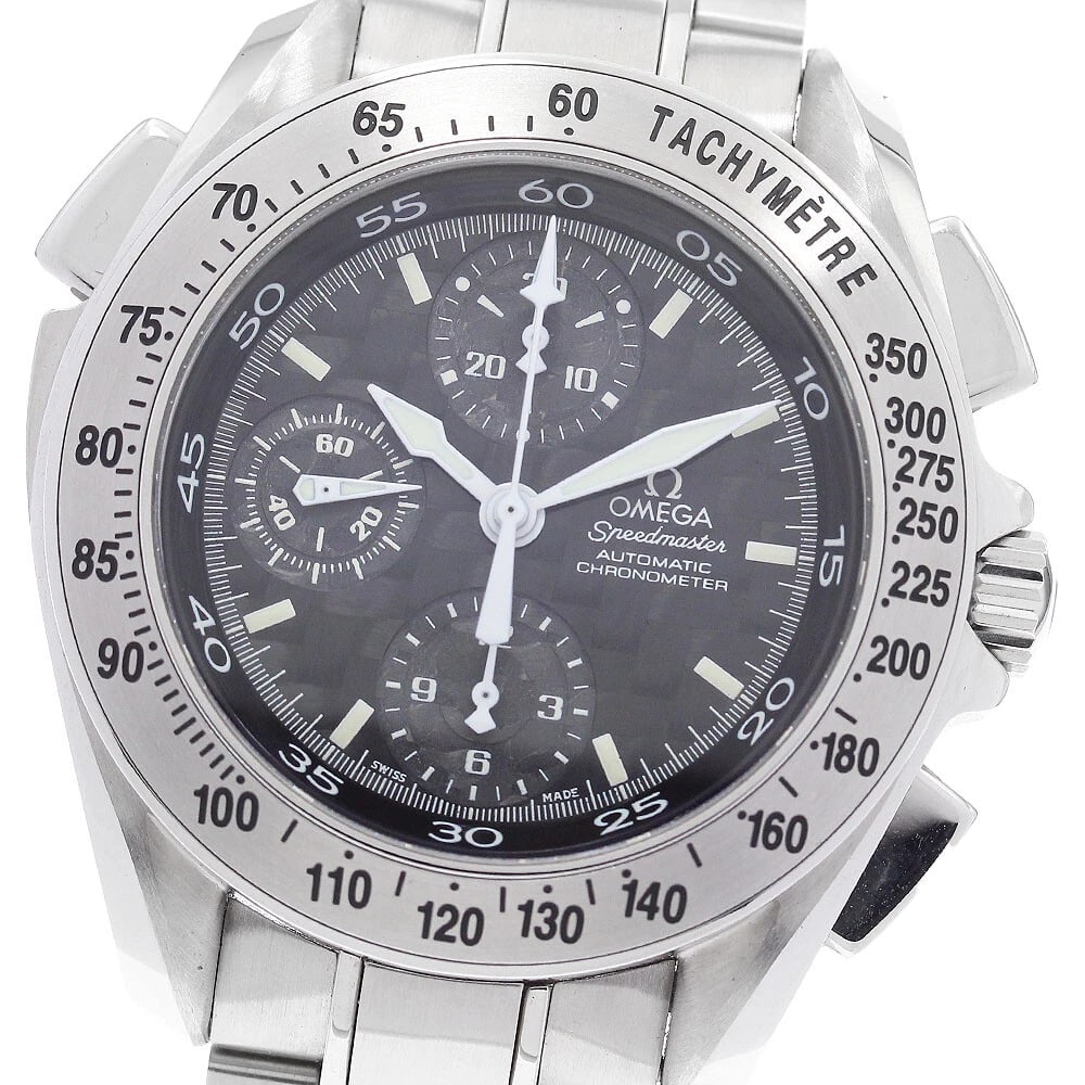 OMEGA SPEEDMASTER BLACK AUTOMATIC WATCH: OMEGA Speedmaster Black Automatic Watch Brand: OMEGA Type/Style: Wristwatch Material: Band Material Stainless Steel, Case Material Stainless Steel Color: Dial Color black Band Color Silver Case Color