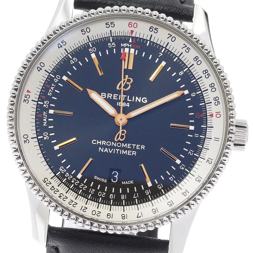 BREITLING NAVITIMER DATE BLACK AUTOMATIC WATCH: BREITLING Navitimer Date black Automatic Watch Brand: BREITLING Type/Style: Wristwatch Material: Band Material leather, Case Material Stainless Steel Color: Case Color Silver Band Color black Dial