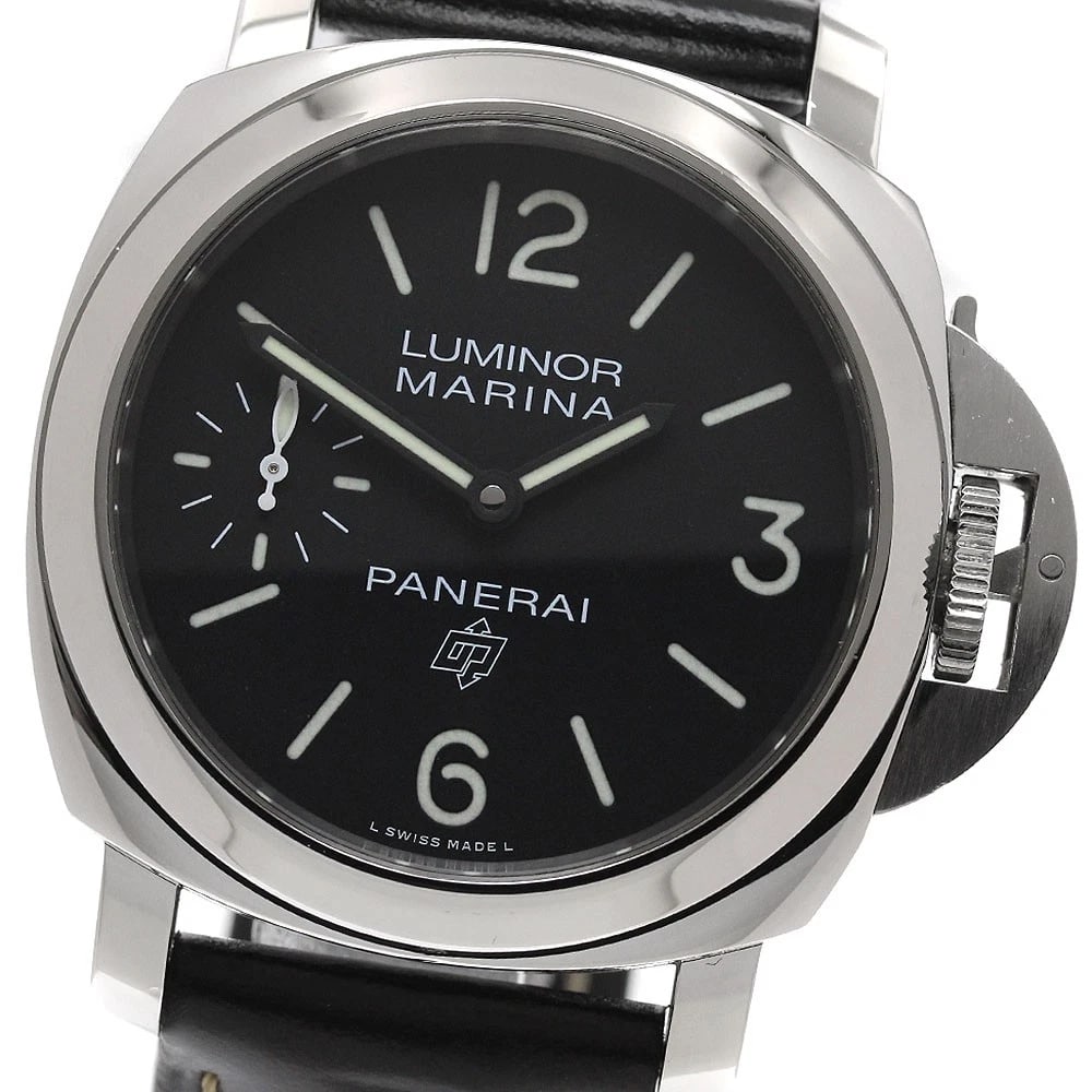 PANERAI LUMINOR MARINA BLACK HAND WINDING WATCH: PANERAI Luminor marina black Hand Winding Watch Brand: PANERAI Type/Style: Wristwatch Material: Band Material leather, Case Material Stainless Steel Color: Case Color Silver Band Color black Dial