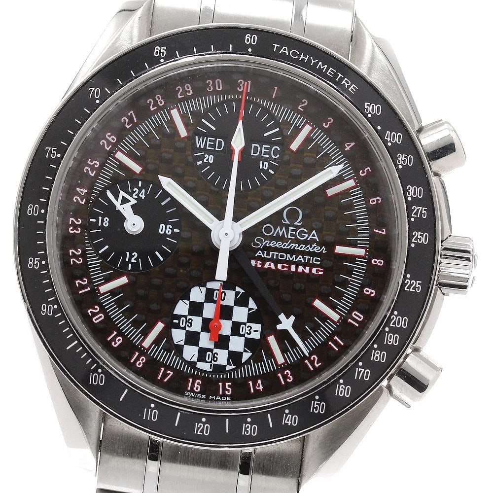 OMEGA SPEEDMASTER RACING BLACK AUTOMATIC WATCH: OMEGA Speedmaster Racing black Automatic Watch Brand: OMEGA Type/Style: Wristwatch Material: Band Material Stainless Steel, Case Material Stainless Steel Color: Dial Color black Band Color Silver