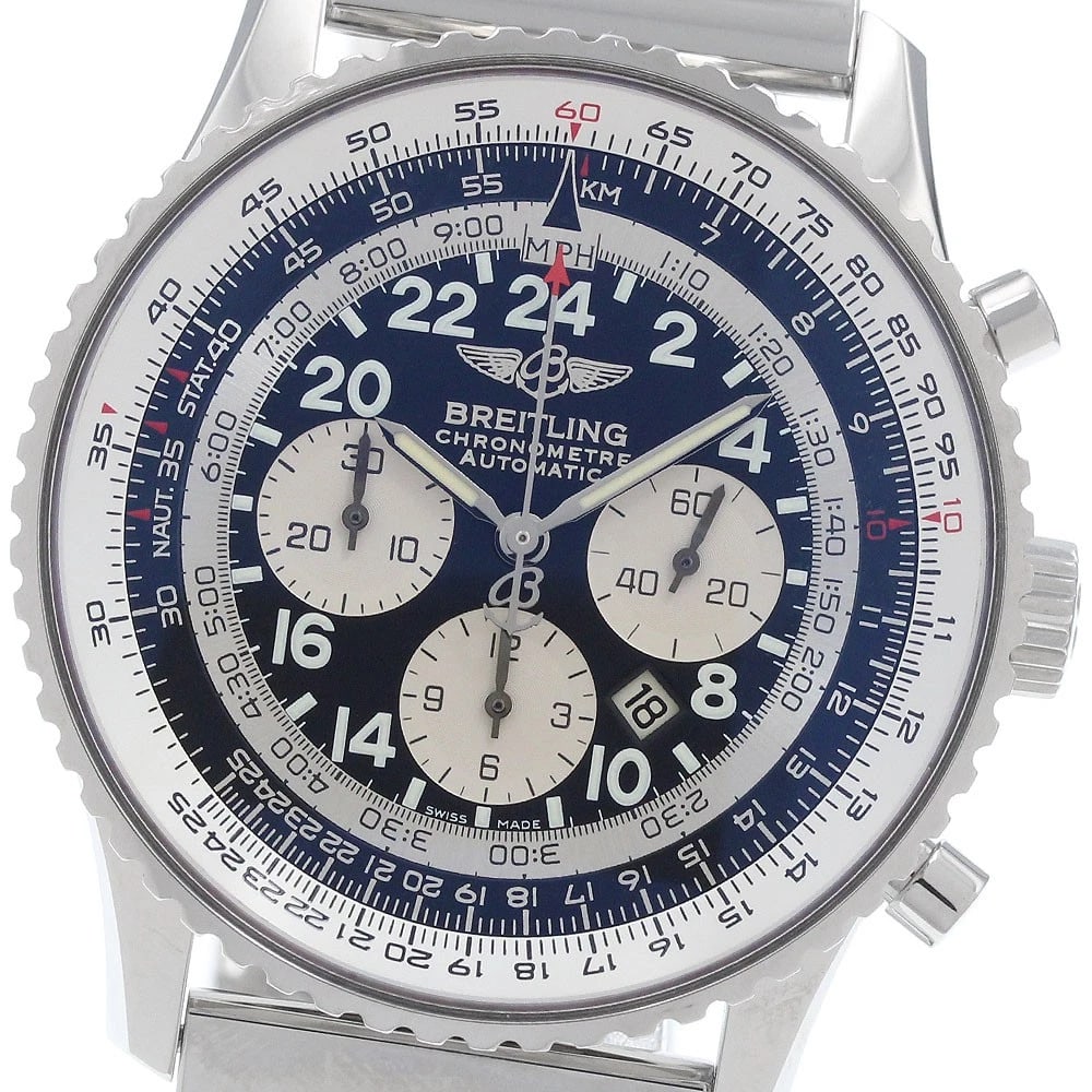 BREITLING NAVITIMER AUTOMATIC WATCH: BREITLING Navitimer Automatic Watch Brand: BREITLING Type/Style: Wristwatch Material: Band Material Stainless Steel, Case Material Stainless Steel Color: Dial Color Black / Silver Size: Case size Abou