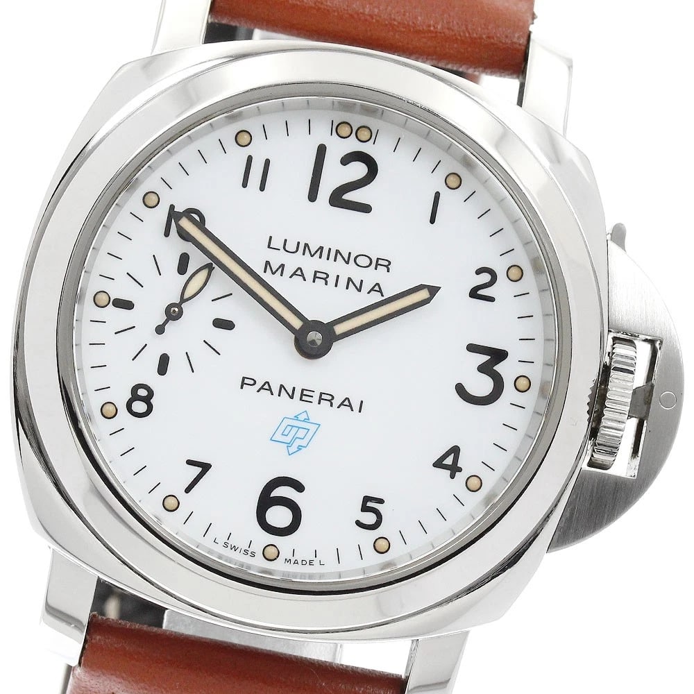 PANERAI LUMINOR MARINA HAND WINDING WATCH: PANERAI Luminor Marina Hand Winding Watch Brand: PANERAI Type/Style: Wristwatch Material: Band Material leather, Case Material Stainless Steel Color: Dial Color white Size: Case size About 44mm