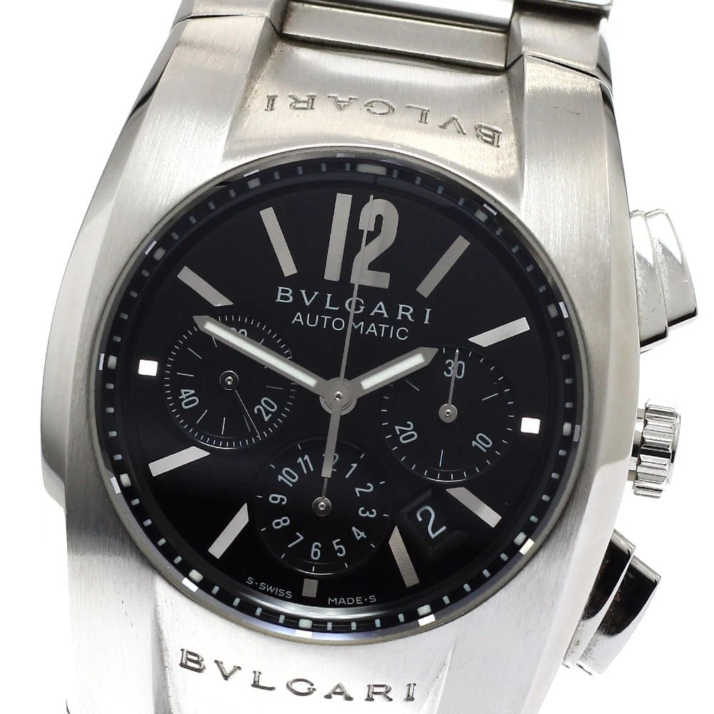 BVLGARI ELGON CHRONOGRAPH BLACK AUTOMATIC WATCH: BVLGARI Elgon Chronograph black Automatic Watch Brand: BVLGARI Type/Style: Wristwatch Material: Band Material Stainless Steel, Case Material Stainless Steel Color: Dial Color black Size: Case size