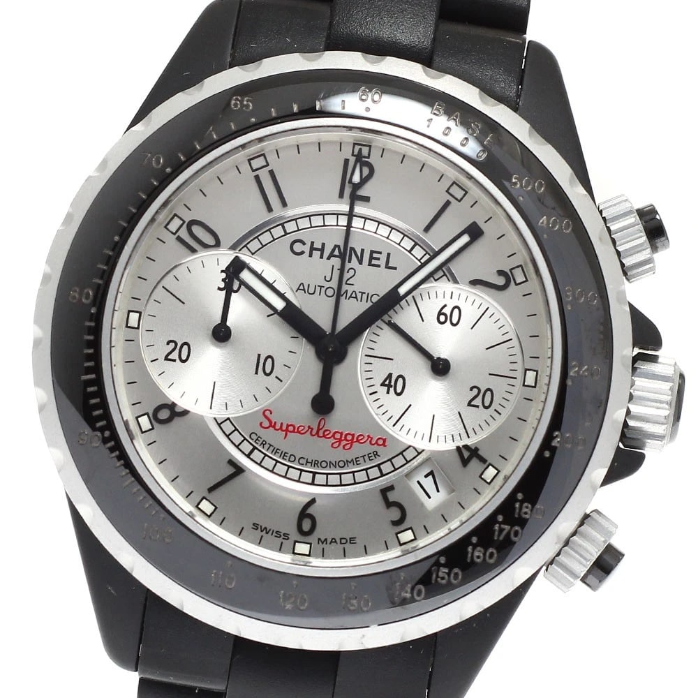 CHANEL J12 CHRONOGRAPH DATE AUTOMATIC WATCH: CHANEL J12 Chronograph Date Automatic Watch Brand: CHANEL Type/Style: Wristwatch Material: Band Material rubber, Case Material Aluminum/Ceramic/Titanium Color: Dial Color Silver Size: Case size About