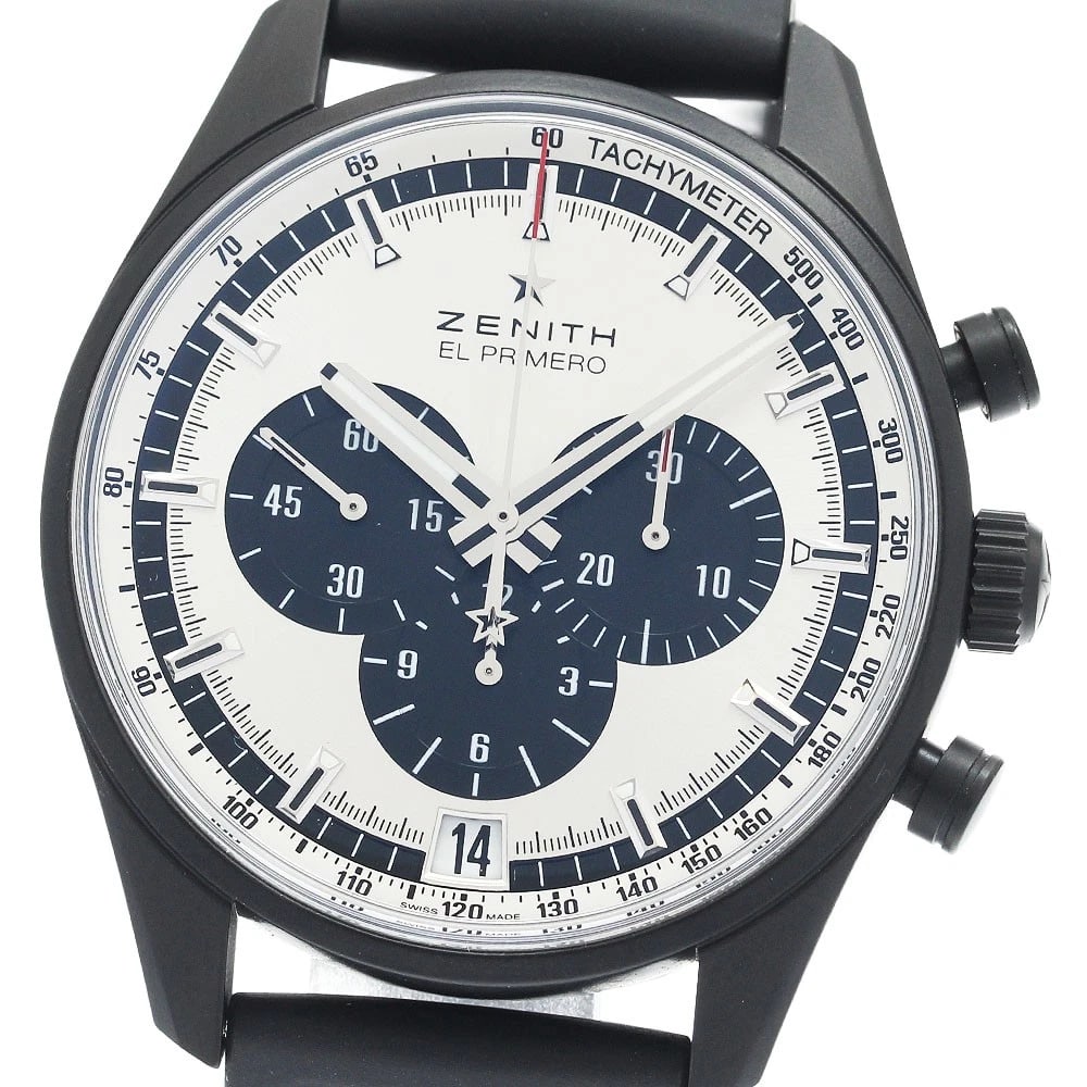 ZENITH CHRONOMASTER AUTOMATIC WATCH: ZENITH Chronomaster Automatic Watch Brand: ZENITH Type/Style: Wristwatch Material: Band Material rubber, Case Material Ceramicized aluminum Color: Dial Color Black / Silver Size: Case size About 42mm