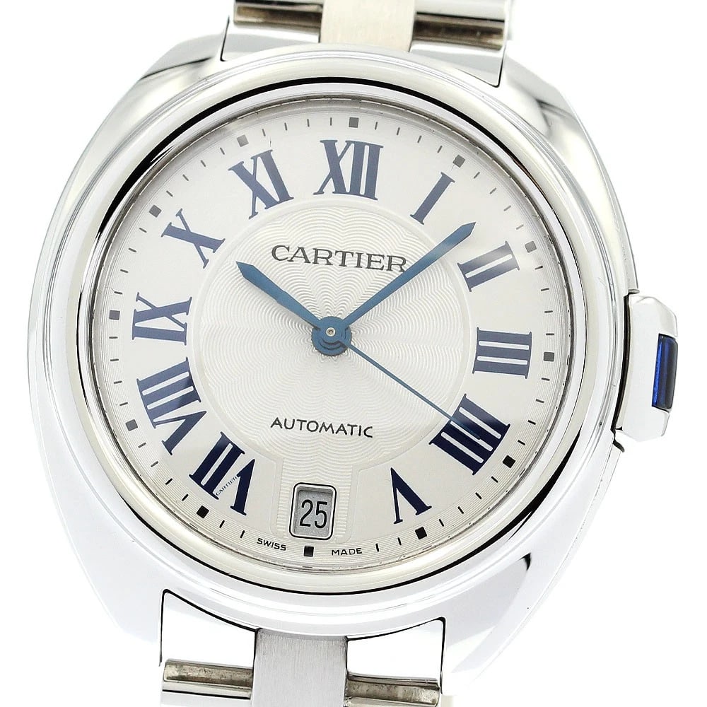 CARTIER DATE SILVER AUTOMATIC WATCH: CARTIER Date Silver Automatic Watch Brand: CARTIER Type/Style: Wristwatch Material: Band Material Stainless Steel, Case Material Stainless Steel Color: Dial Color Silver Size: Case size About 35mm