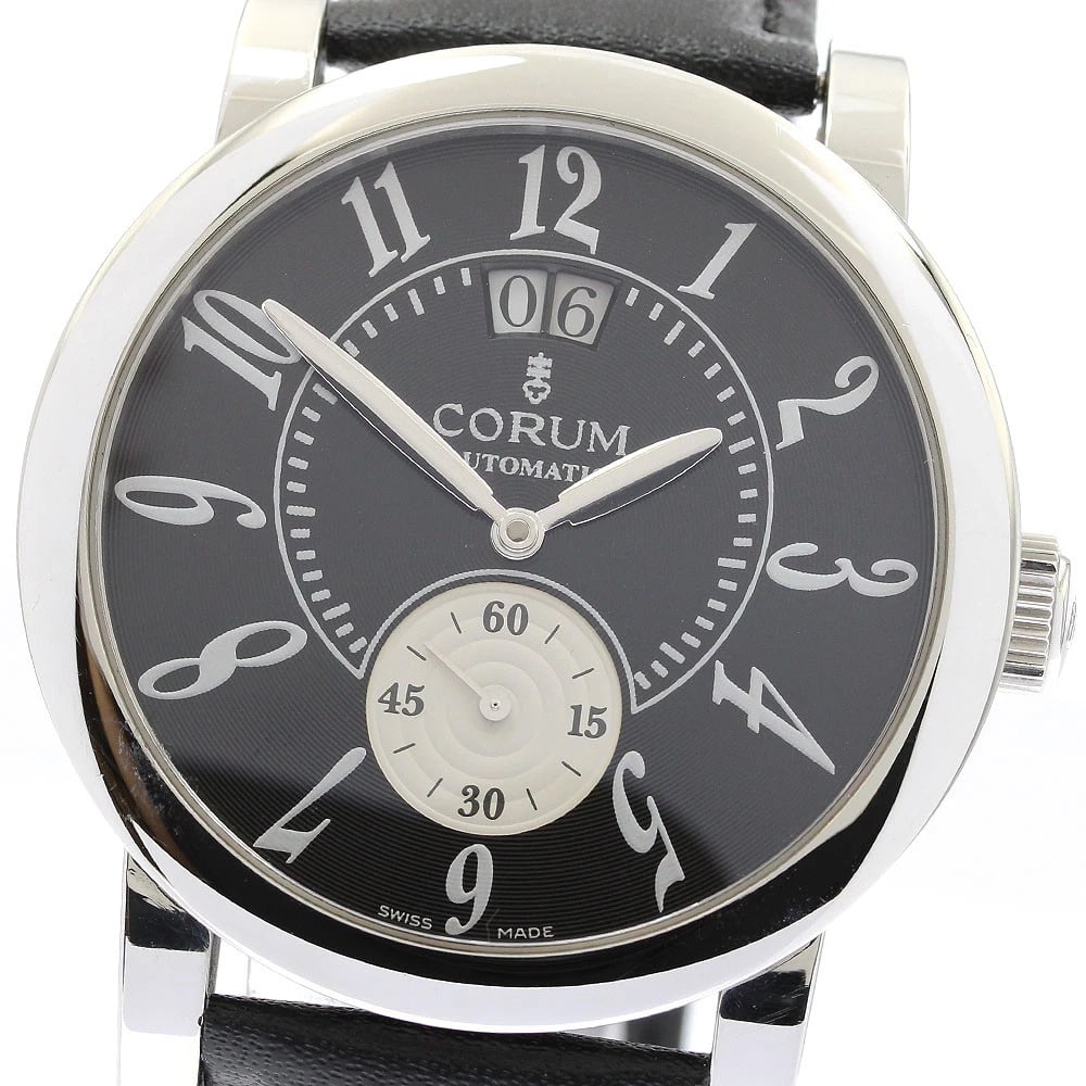 CORUM CLASSICAL DATE BLACK AUTOMATIC WATCH: CORUM classical date black Automatic Watch Brand: CORUM Type/Style: Wristwatch Material: Band Material leather, Case Material Stainless Steel Color: Dial Color black Size: Case size About 42mm