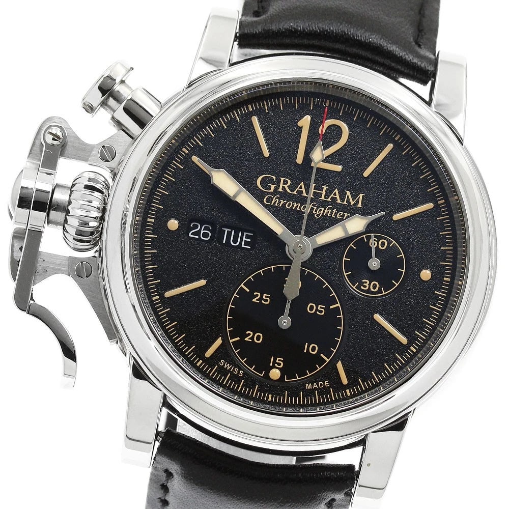 GRAHAM CHRONO DATE AUTOMATIC WATCH: GRAHAM Chrono date Automatic Watch Brand: GRAHAM Type/Style: Wristwatch Material: Band Material leather, Case Material Stainless Steel Color: Dial Color black Size: Case size About 44mm (1.7inch)