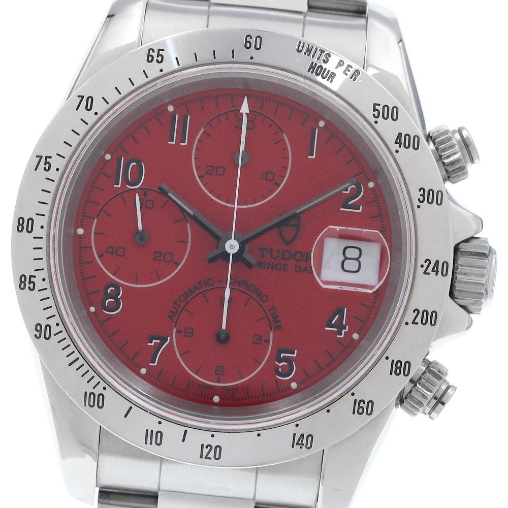 TUDOR PRINCE DATE CHRONO RED AUTOMATIC WATCH: TUDOR Prince Date Chrono Red Automatic Watch Brand: TUDOR Type/Style: Wristwatch Material: Band Material Stainless Steel, Case Material Stainless Steel Color: Dial Color Red Size: Case size About