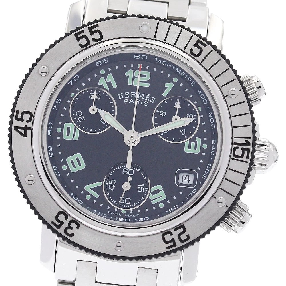 HERMES CLIPPER CHRONOGRAPH BLACK QUARTZ WATCH: HERMES Clipper Chronograph black Quartz Watch Brand: HERMES Type/Style: Wristwatch Material: Band Material Stainless Steel, Case Material Stainless Steel Color: Dial Color black Size: Case size About
