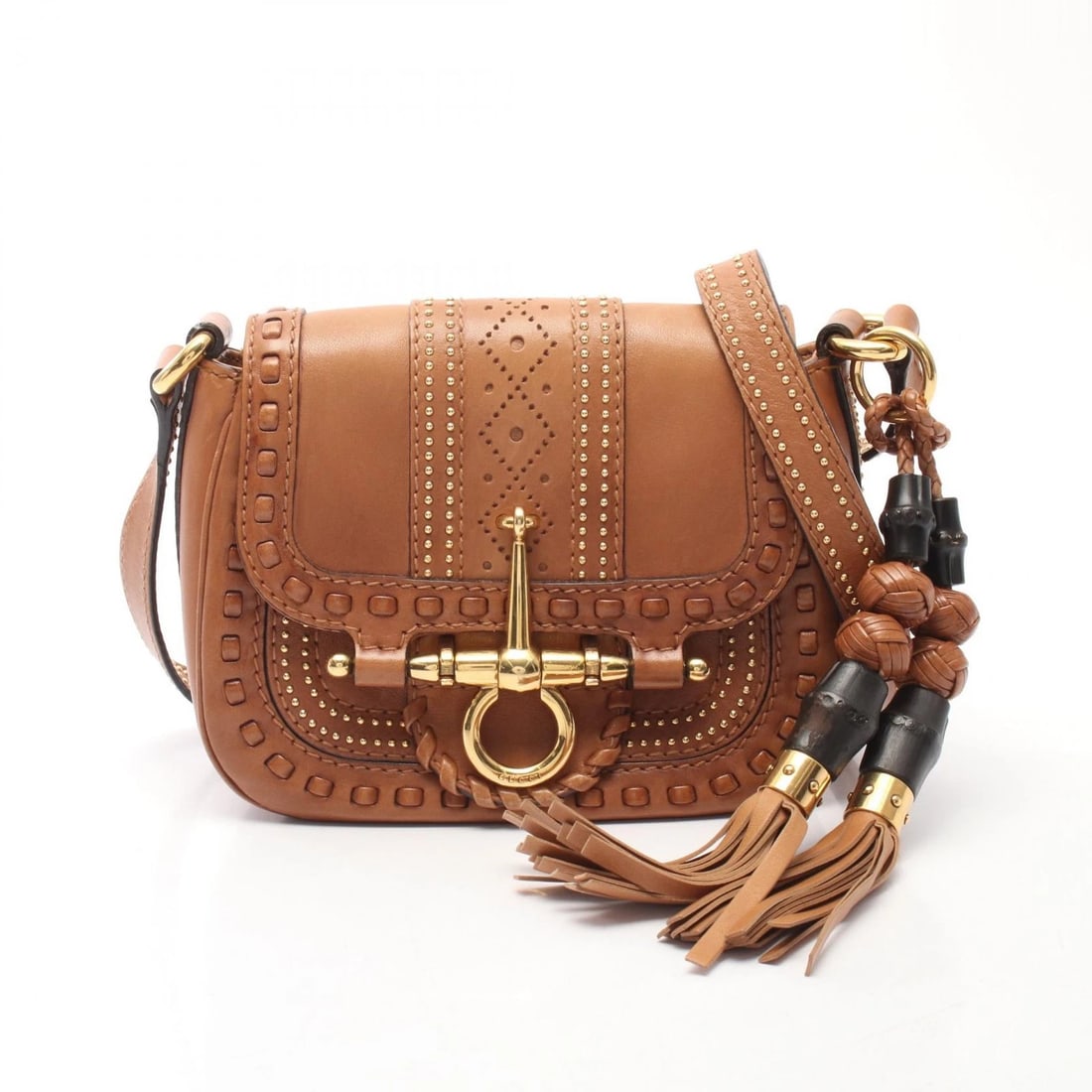 GUCCI BAMBOO SNUFFLE BIT TASSEL SHOULDER CROSSBODY BAG: GUCCI Bamboo Snuffle Bit Tassel Shoulder Crossbody Bag Brand: GUCCI Type/Style: Shoulder Bag Material: Exterior Material leather Color: Exterior Color Brown?ish colors Size: (H:6.1" x W:7.1" x D:2.8")