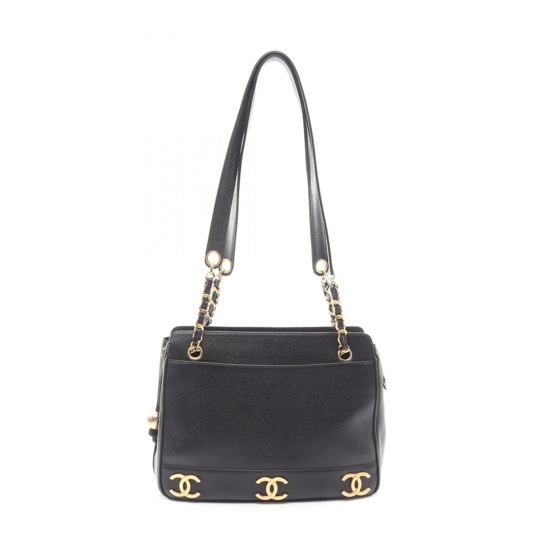 CHANEL TRIPLE MARK CHAIN TOTE BAG CALFSKIN BLACK: CHANEL Triple Mark Chain Tote Bag Calfskin Black Brand: CHANEL Type/Style: Tote Bag Material: Exterior Material Calfskin (cowhide) Color: Exterior Color Black?ish colors Size: (H:9.8" x W:12.4" x D:3.