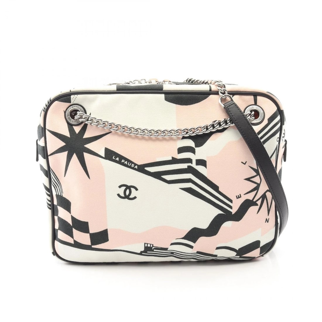 CHANEL LA PAUSA CRUISE LINE CHAIN SHOULDER HANDBAG: CHANEL LA PAUSA Cruise Line Chain Shoulder Handbag Brand: CHANEL Type/Style: Shoulder Bag Material: Exterior Material canvas ? leather Color: Exterior Color White?ish colors ? Multicolor?ish colors Si