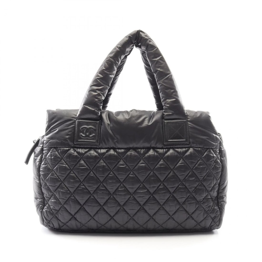 CHANEL COCOCOON HANDBAG NYLON LEATHER BLACK: CHANEL Cococoon Handbag Nylon leather Black Brand: CHANEL Type/Style: Handbag Material: Exterior Material Nylon ? leather Color: Exterior Color Black?ish colors Size: (H:11.0" x W:15.4" x D:6.7")