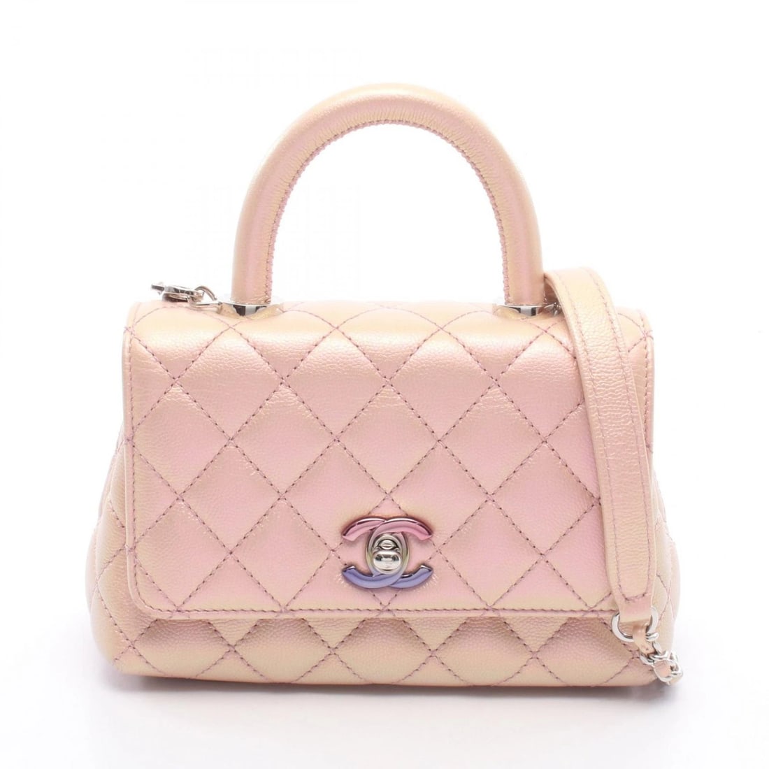 CHANEL COCO HANDLE AURORA SHOULDER HANDBAG: CHANEL Coco Handle Aurora Shoulder Handbag Brand: CHANEL Type/Style: Handbag Material: Exterior Material Grained Calfskin leather Color: Exterior Color Pink?ish colors Size: (H:4.7" x W:7.3" x D:3.3")