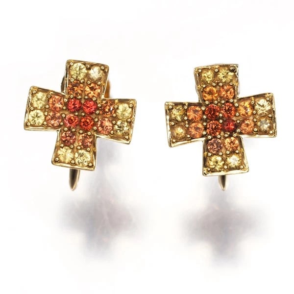 SAPPHIRE CROSS EARRINGS 18K 750 YELLOW GOLD: Sapphire Cross Earrings 18K 750 Yellow Gold Brand: Unbranded Type/Style: Earrings Material: 18K / 750 / Yellow Gold, Main Stone Natural Color: Yellow Gold Size: Design size: 9.7 x 9.7mm Accessories:
