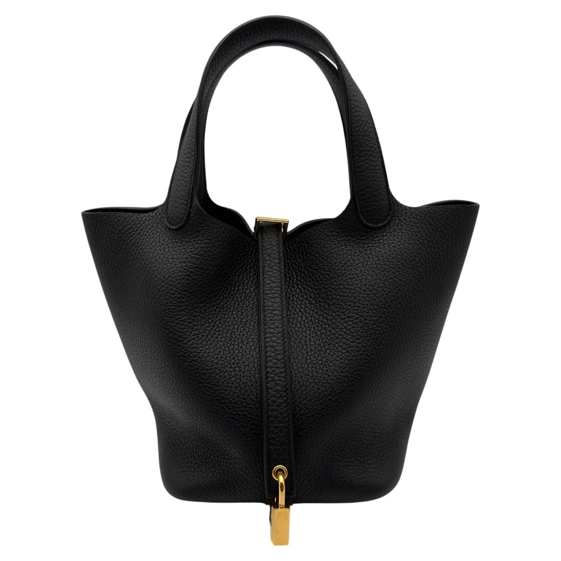 HERMES PICOTAN LOCK HANDBAG: HERMES Picotan Lock Handbag Brand: HERMES Type/Style: Handbag Material: Taurillon Clemence Color: Black Gold Hardware Size: W5.1 x H7.1x D7.1inch Accessories: None Accessories Notice: When purchasing