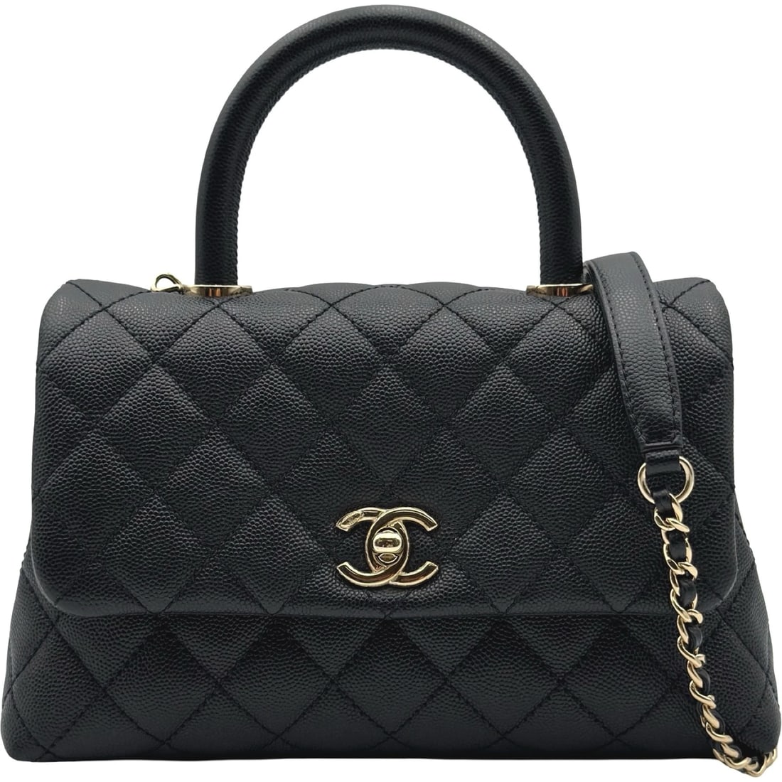 CHANEL COCO HANDLE HANDBAG: CHANEL Coco Handle Handbag Brand: CHANEL Type/Style: Handbag Material: Caviar skin Color: Black Gold Hardware Size: W9.1 x H5.5x D3.5inch Shoulder:36.6inch Accessories: None Accessories Notice: When
