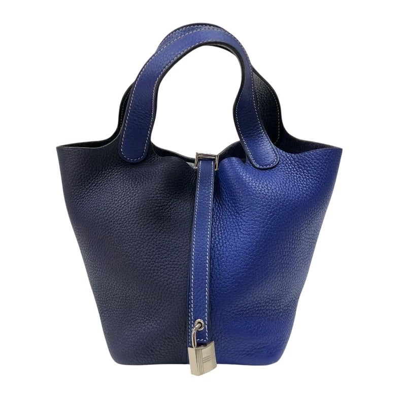 HERMES PICOTAN LOCK PM KAZAK HANDBAG: HERMES Picotan Lock PM Kazak Handbag Brand: HERMES Type/Style: Handbag Material: Taurillon Clemence Color: Blue Ankle SilverHardware Size: W7.1 x H7.5x D5.1inch Accessories: None Accessories Notice: