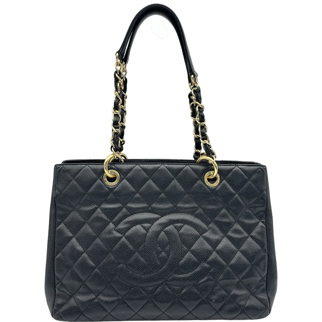 CHANEL GST CHAIN TOTE BAG: CHANEL GST Chain Tote Bag Brand: CHANEL Type/Style: Tote Bag Material: Caviar skin Color: Black Gold Hardware Size: W13.0 x H9.8x D4.9inch Accessories: None Accessories Notice: When purchasing