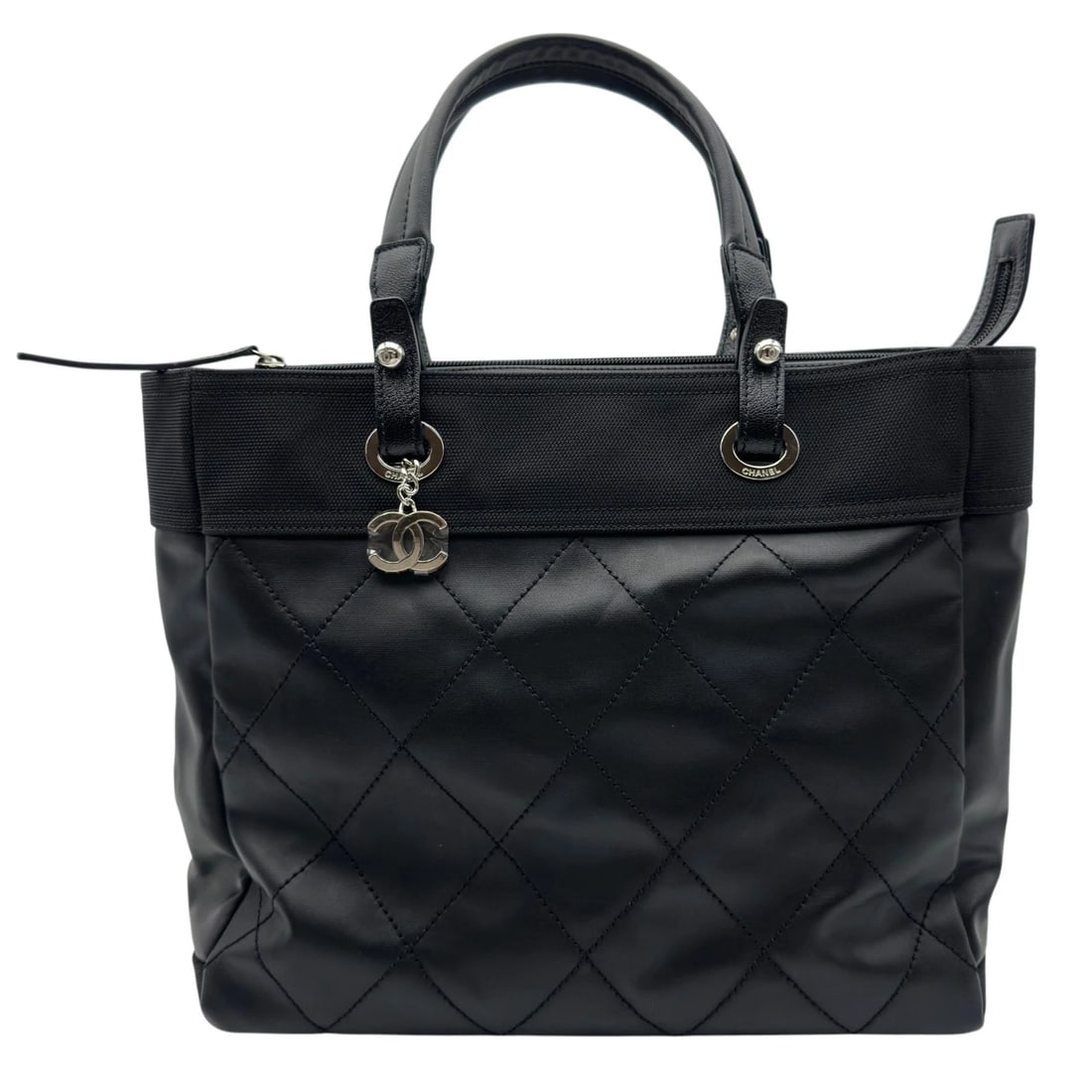 CHANEL PARIS VIA RITZ TOTE BAG: CHANEL Paris Via Ritz Tote Bag Brand: CHANEL Type/Style: Tote Bag Material: Coated canvas Color: Black SilverHardware Size: W13.4 x H11.8x D5.9inch Accessories: None Accessories Notice: Wh