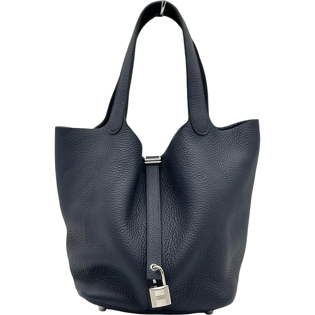 HERMES PICO TAN LOCK HANDBAG: HERMES Pico Tan Lock Handbag Brand: HERMES Type/Style: Handbag Material: Taurillon Clemence Color: Bleu Nui SilverHardware Size: W10.2 x H8.5x D6.7inch Accessories: None Accessories Notice: When