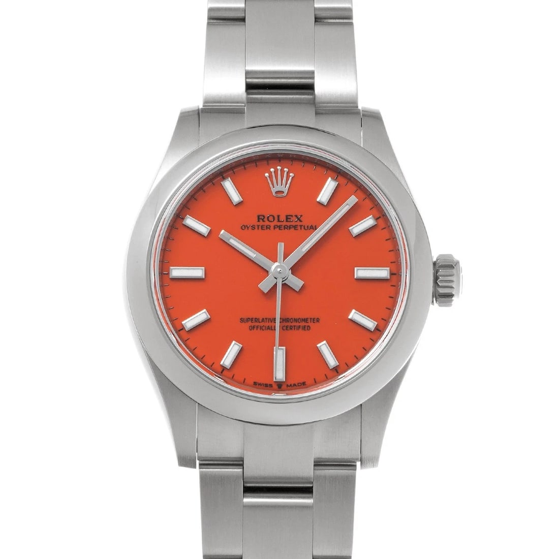 ROLEX OYSTER PERPETUAL CORAL RED WATCH: ROLEX Oyster Perpetual Coral red Watch Brand: ROLEX Type/Style: Wristwatch Material: Band Material Stainless steel, Case Material Stainless steel Color: Dial Color Coral red Size: ?Case? H/about 31mm