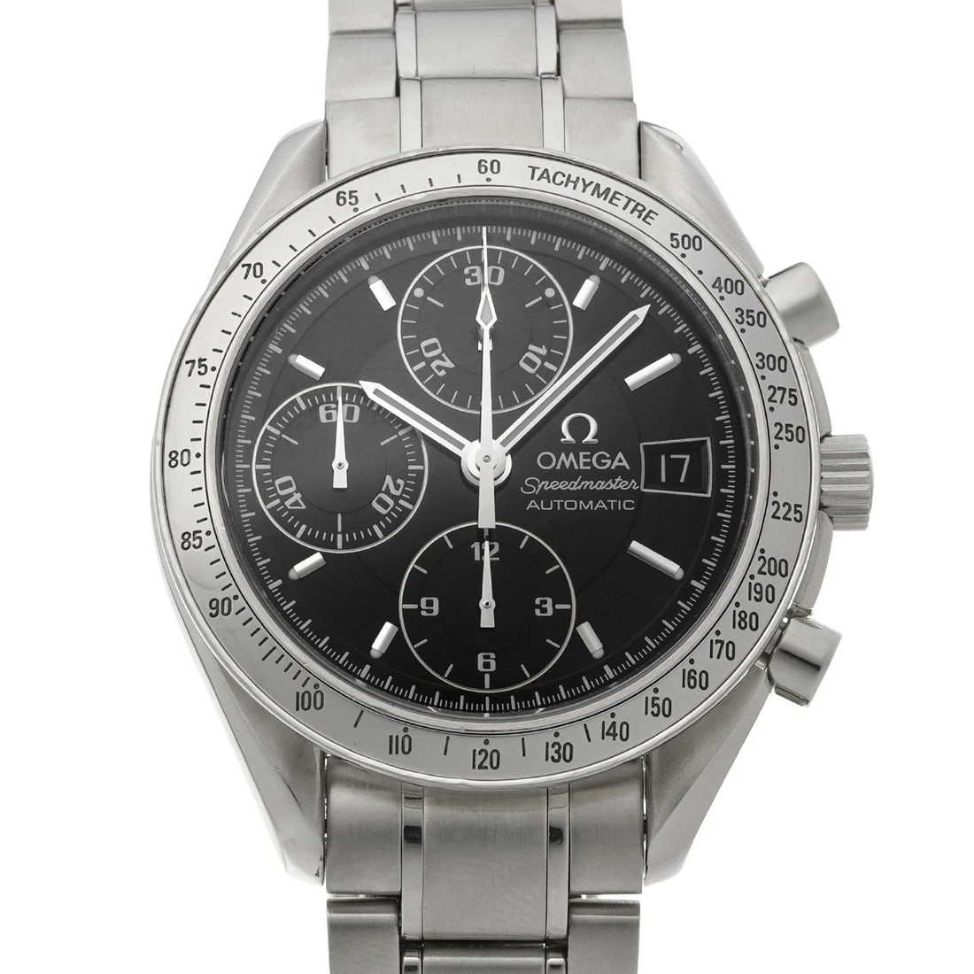 OMEGA SPEEDMASTER DATE BLACK WATCH: OMEGA Speedmaster Date black Watch Brand: OMEGA Type/Style: Wristwatch Material: Band Material Stainless steel, Case Material Stainless steel Color: Dial Color black Size: ?Case? H/about 39mm W/about