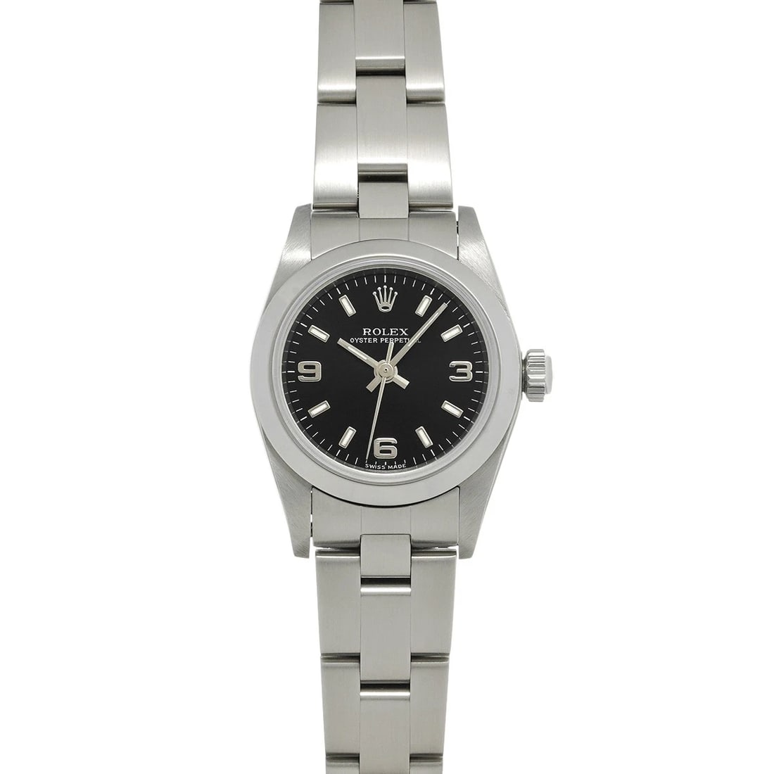 ROLEX OYSTER PERPETUAL BLACK WATCH: ROLEX Oyster Perpetual black Watch Brand: ROLEX Type/Style: Wristwatch Material: Band Material Stainless steel, Case Material Stainless steel Color: Dial Color black Size: ?Case? H/about 24mm W/about