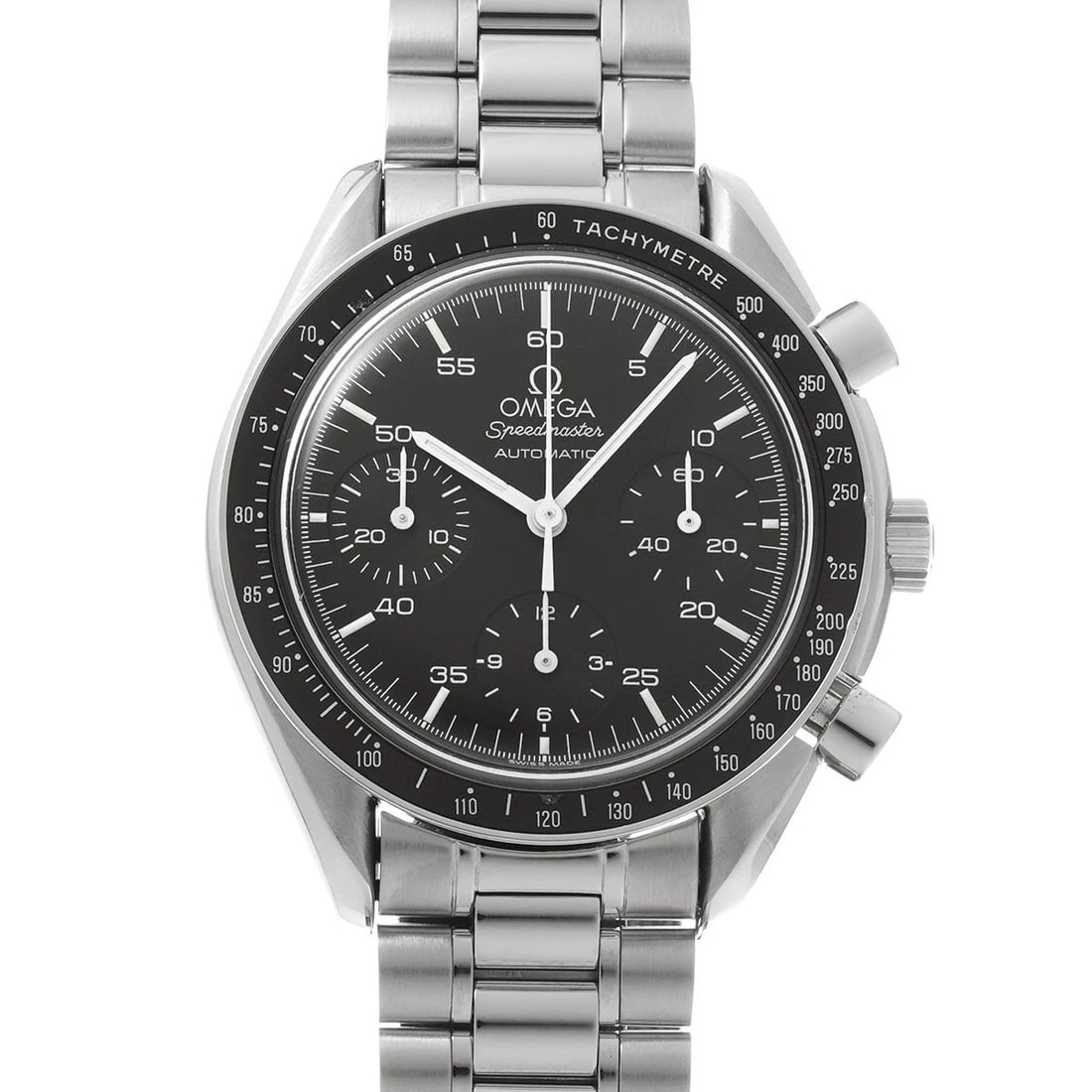 OMEGA SPEEDMASTER AUTOMATIC BLACK WATCH: OMEGA Speedmaster Automatic black Watch Brand: OMEGA Type/Style: Wristwatch Material: Band Material Stainless steel, Case Material Stainless steel Color: Dial Color black Size: ?Case? H/about 39mm