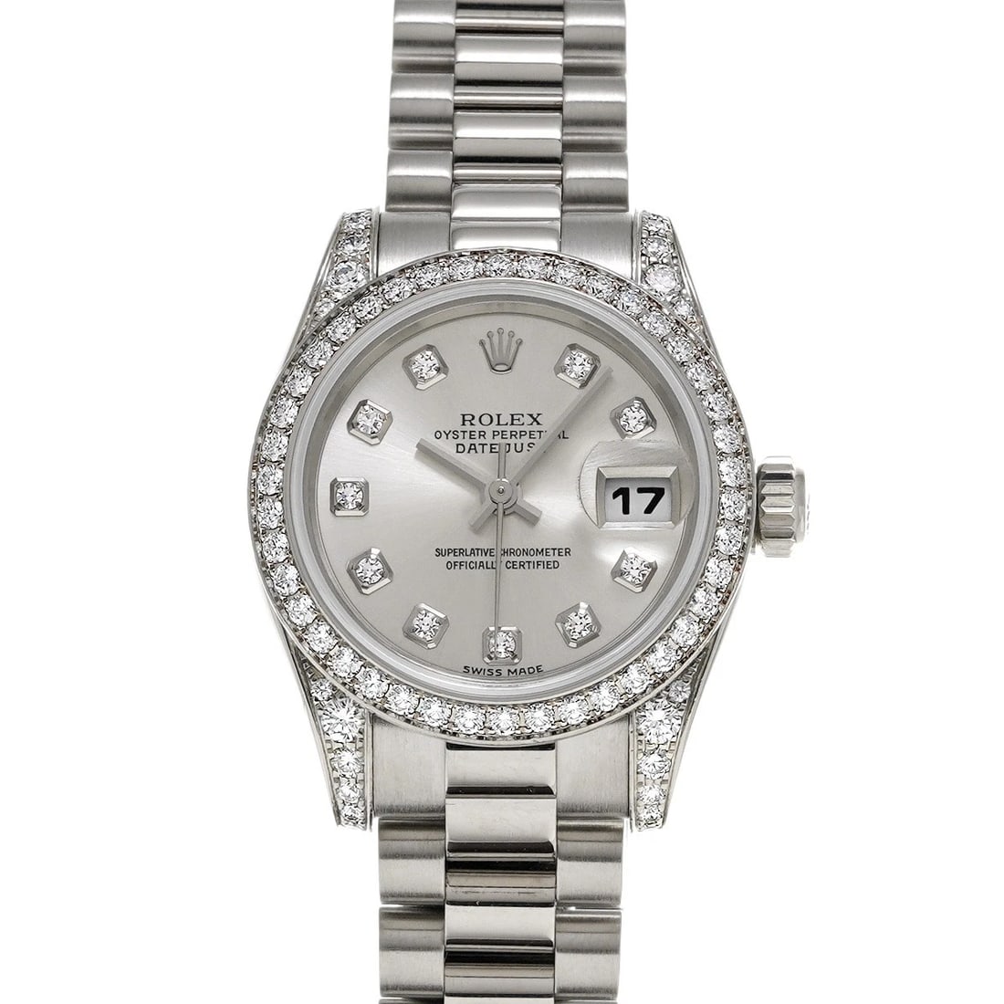 ROLEX DATEJUST SILVER/DIAMOND WATCH: ROLEX Datejust Silver/diamond Watch Brand: ROLEX Type/Style: Wristwatch Material: Band Material White gold, Case Material White gold/diamond Color: Dial Color Silver/diamond Size: ?Case? H/about 26mm