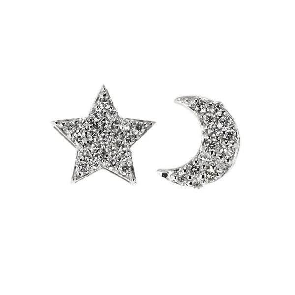 K18WG MOON STAR DIAMOND EARRINGS: K18WG Moon Star Diamond Earrings Brand: None Type/Style: piercing Material: K18WG, Main Stone NAtural Color: WG Size: Length/Width/Diameter 7.1 cm Accessories: None Accessories Notice: When