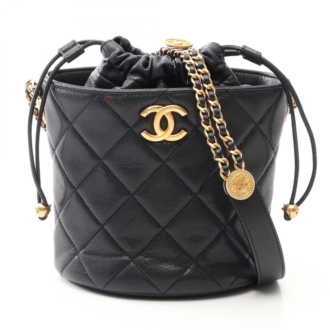 CHANEL MATELASSE DRAWSTRING BUCKET CHAIN CROSSBODY BAG: CHANEL Matelasse Drawstring Bucket Chain Crossbody Bag Brand: CHANEL Type/Style: Shoulder Bag Material: Exterior Material Grained Calfskin leather Color: Exterior Color Black?ish colors Size: (H:7.9" 