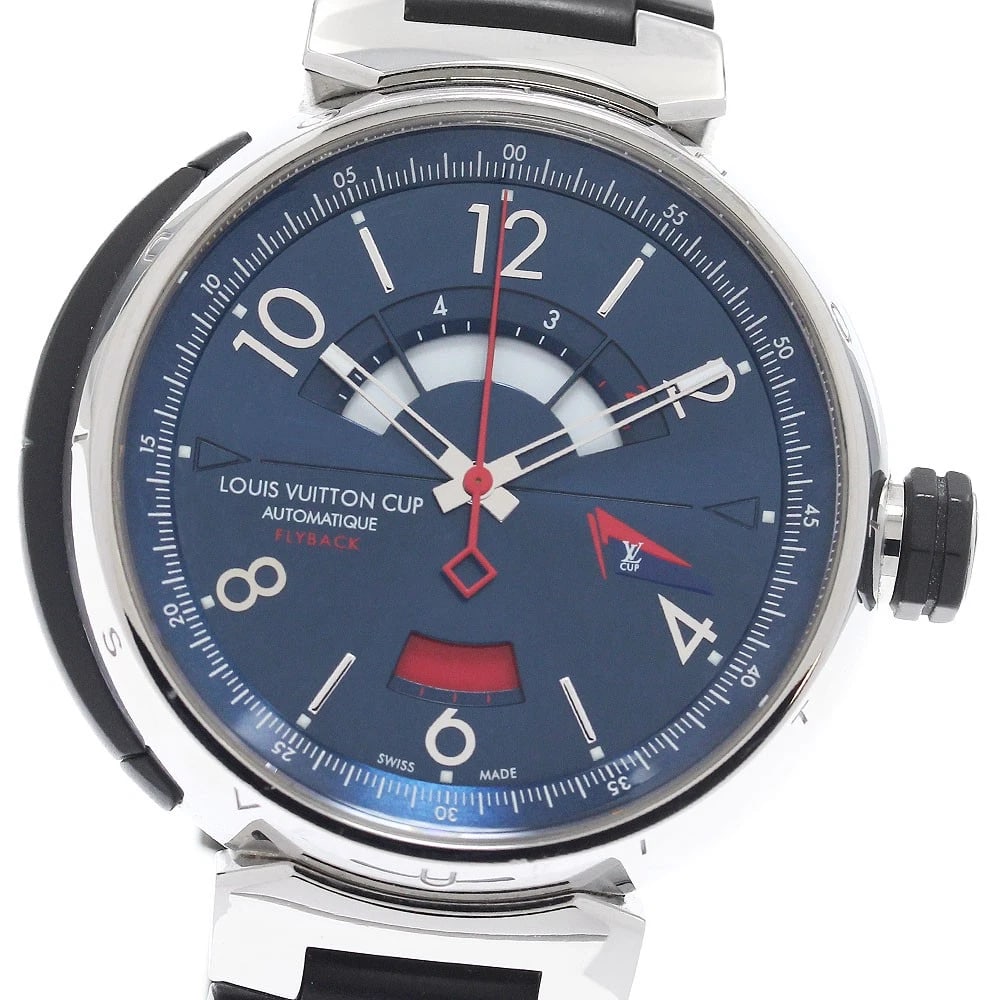 LOUIS VUITTON TAMBOUR VUITTON CUP FLYBACK AUTOMATIC WATCH: LOUIS VUITTON Tambour Vuitton Cup Flyback Automatic Watch Brand: LOUIS VUITTON Type/Style: Wristwatch Material: Band Material rubber, Case Material Stainless Steel Color: Dial Color blue Size: Case