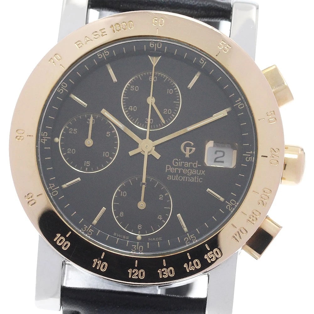 GIRARD PERREGAUX GOLD PLATED CHRONOGRAPH PG BEZEL WATCH: GIRARD PERREGAUX Gold Plated Chronograph PG bezel Watch Brand: GIRARD PERREGAUX Type/Style: Wristwatch Material: Band Material leather, Case Material Stainless Steel/PG Color: Dial Color black Size: C