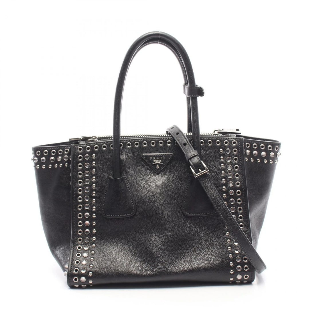 PRADA GLACE'CALF BIJOU STUDS SHOULDER CROSSBODY HANDBAG: PRADA GLACE'CALF Bijou Studs Shoulder Crossbody Handbag Brand: PRADA Type/Style: Handbag Material: Exterior Material leather Color: Exterior Color Black?ish colors Size: (H:8.7" x W:10.4" x D:7.7")