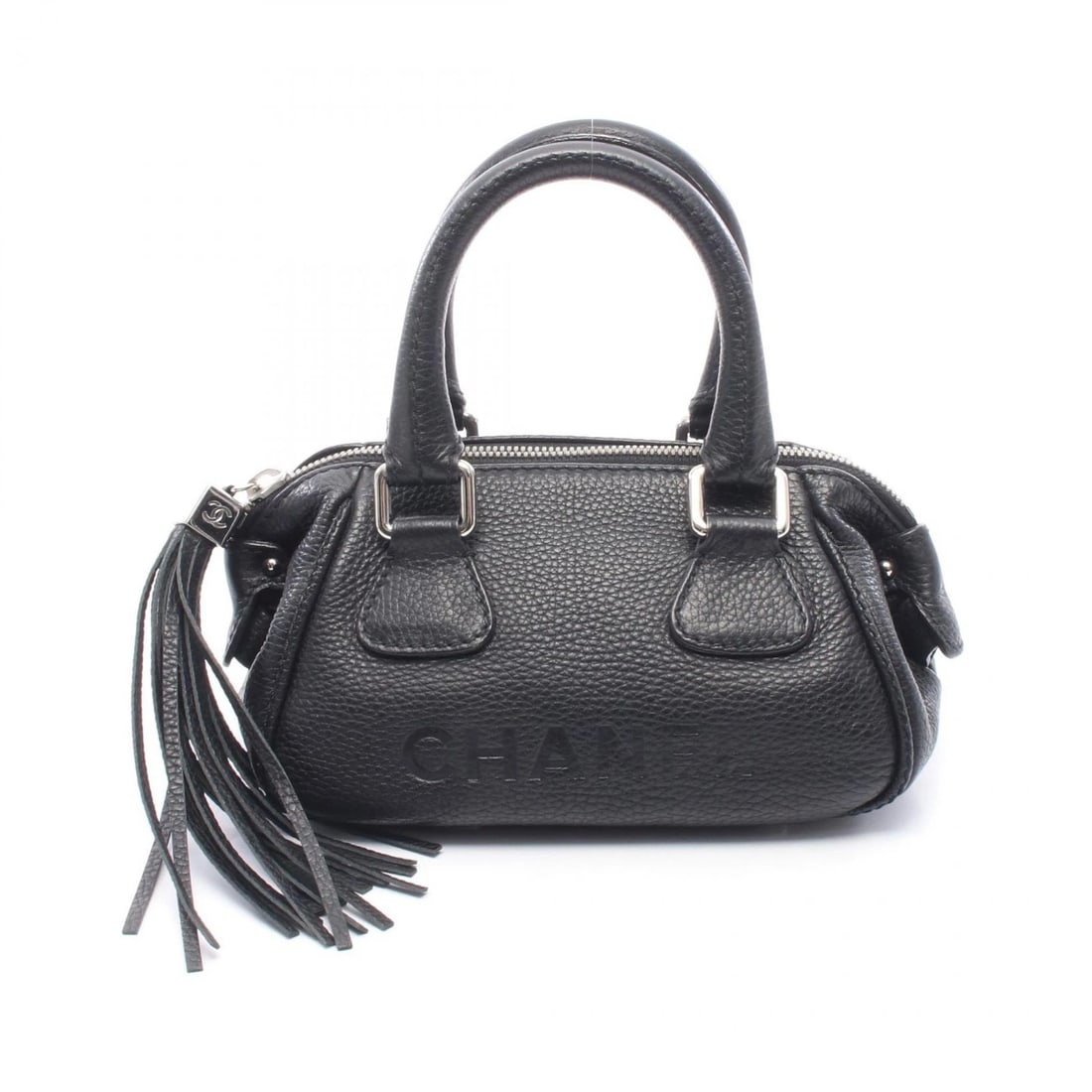 CHANEL LOGO HANDBAG LEATHER BLACK: CHANEL logo Handbag leather Black Brand: CHANEL Type/Style: Handbag Material: Exterior Material leather Color: Exterior Color Black?ish colors Size: (H:5.1" x W:8.7" x D:3.9") Accessories: None