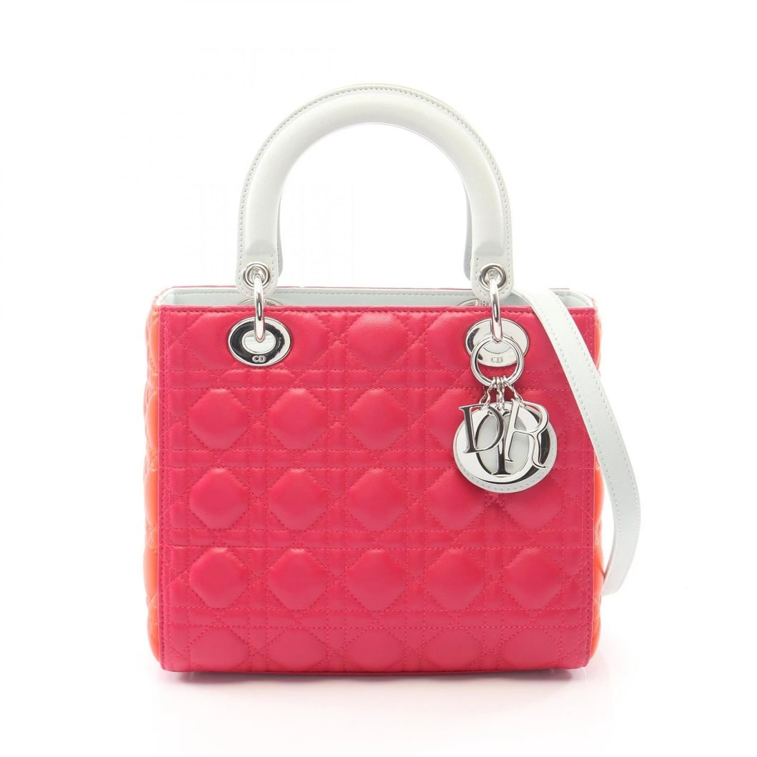 DIOR LADY DIOR CANNAGE SHOULDER HANDBAG LEATHER: Dior LADY DIOR Cannage Shoulder Handbag leather Brand: DIOR Type/Style: Handbag Material: Exterior Material leather Color: Exterior Color Pink?ish colors ? Orange?ish colors ? Blue?ish colors Size: (H