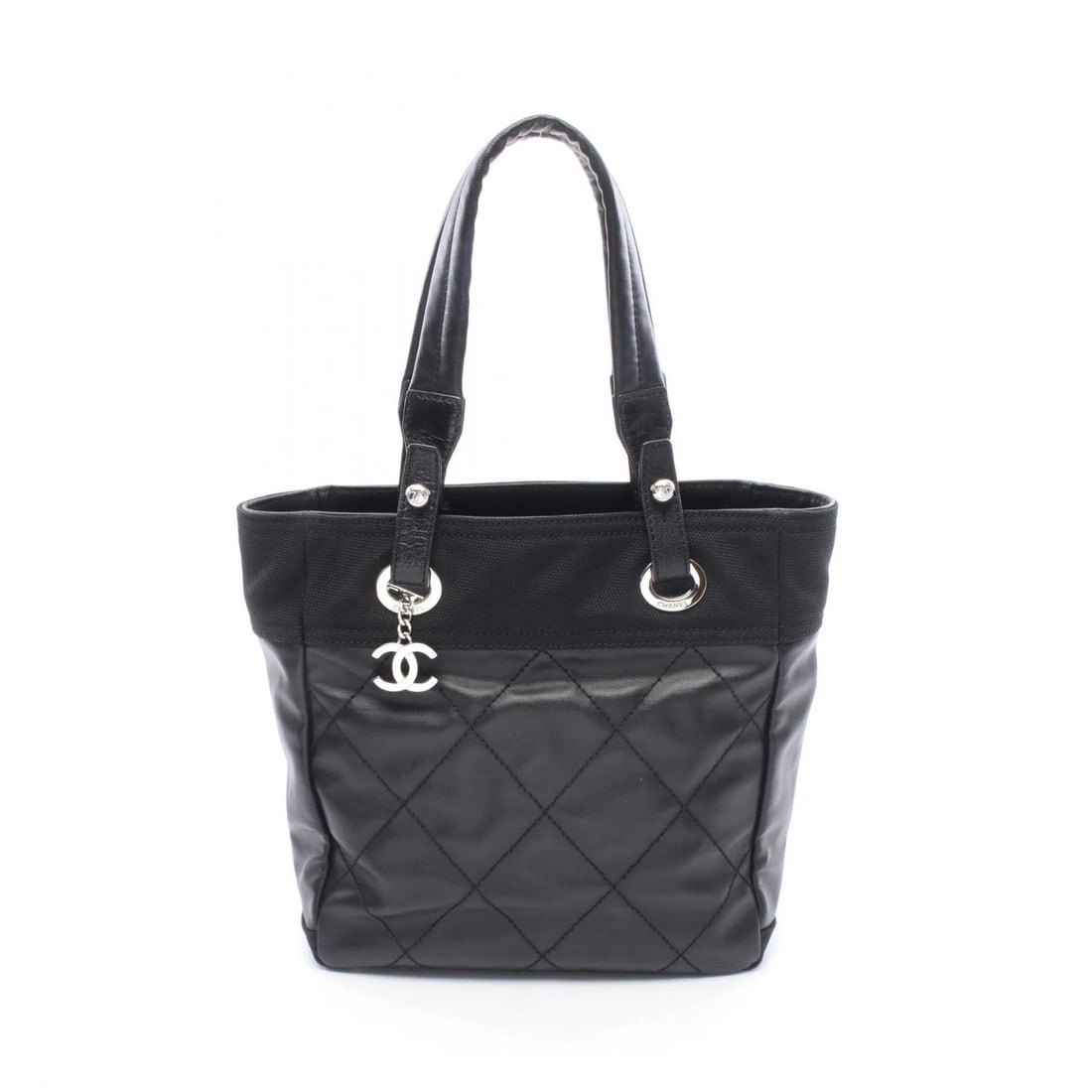 CHANEL PARIS BIARRITZ PM TOTE SHOULDER HANDBAG: CHANEL Paris Biarritz PM Tote Shoulder Handbag Brand: CHANEL Type/Style: Tote Bag Material: Exterior Material PVC coated canvas ? leather Color: Exterior Color Black?ish colors Size: (H:10.6" x W:9.8"
