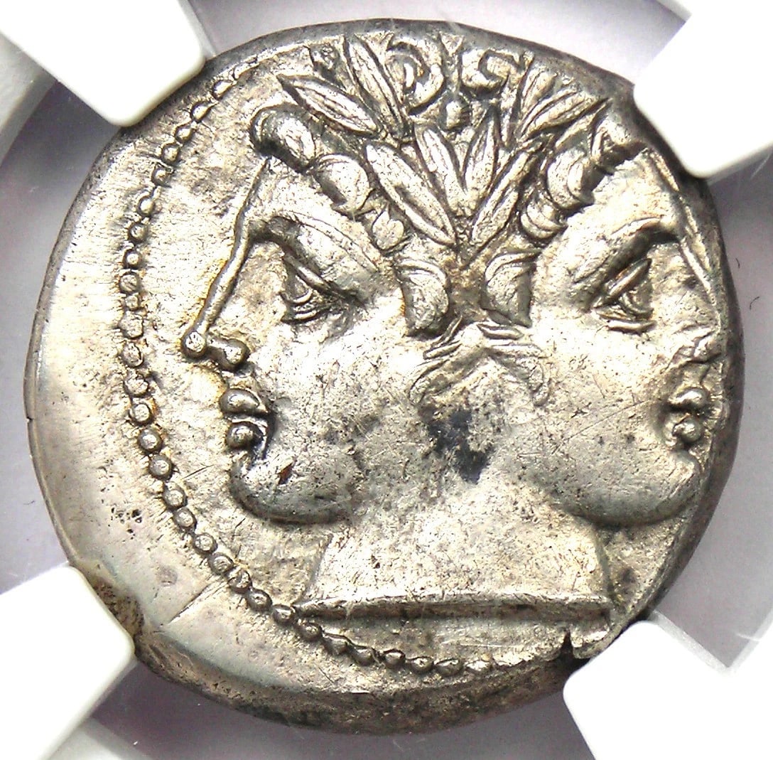 ROMAN REPUBLIC SILVER AR QUADRIGATUS JANIFORM COIN: Roman Republic Silver AR Quadrigatus Janiform Coin Year : 225 BC Denomination : Quadrigatus Country of Origin : Italy Accessories: None Accessories Notice: When purchasing pre-owned goods, please refe