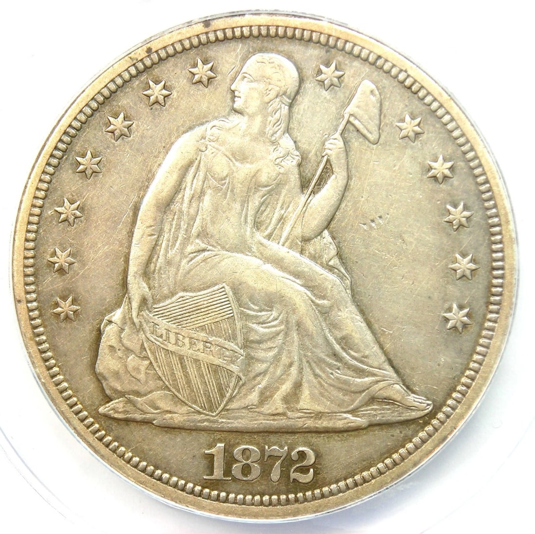 1872-S SEATED LIBERTY SILVER DOLLAR $1 COIN: 1872-S Seated Liberty Silver Dollar $1 Coin Year: 1872 Denomination: $1 Country of Origin: United States Accessories: None Accessories Notice: When purchasing pre-owned goods, please refer to the phot
