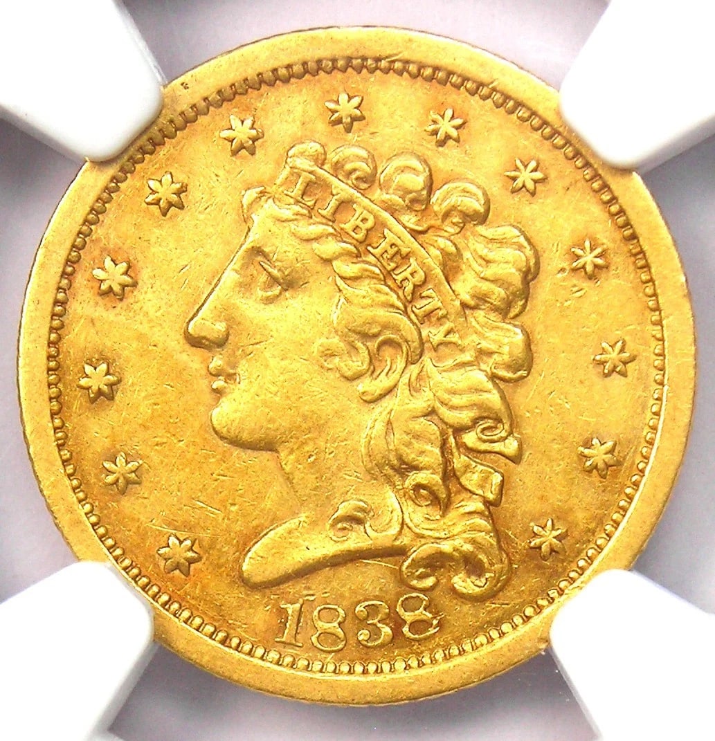 1838 CLASSIC GOLD QUARTER EAGLE $2.50 COIN: 1838 Classic Gold Quarter Eagle $2.50 Coin Year: 1838 Denomination: $2.50 Country of Origin: United States Accessories: None Accessories Notice: When purchasing pre-owned goods, please refer to the ph