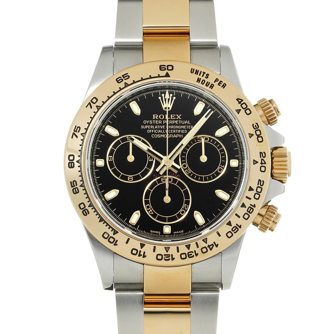 ROLEX COSMOGRAPH DAYTONA BLACK WATCH: ROLEX Cosmograph Daytona black Watch Brand: ROLEX Type/Style: Wristwatch Material: Band Material Stainless steel/Yellow Gold, Case Material Stainless steel Color: Dial Color black Size: ?Case? H/about