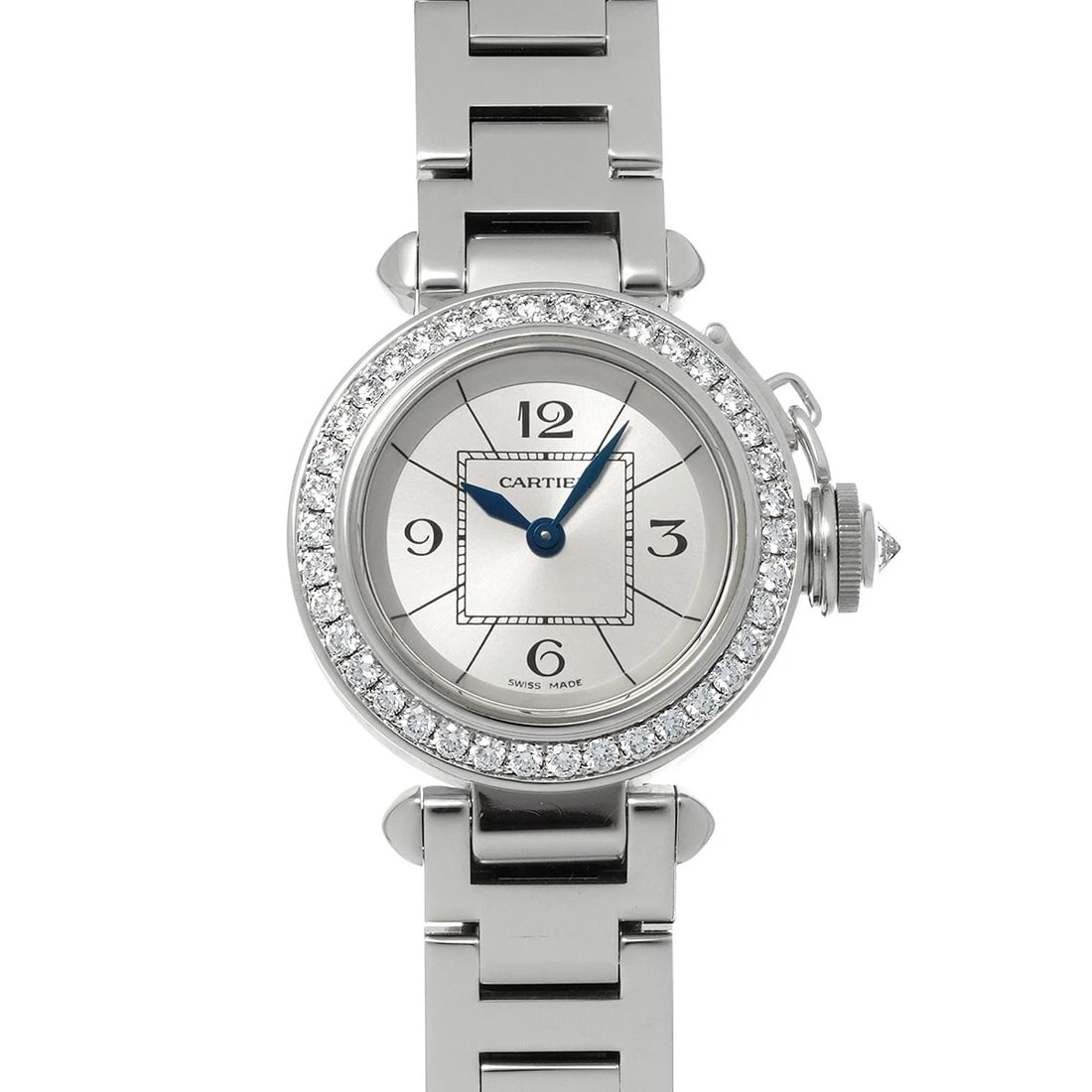 CARTIER MISS PASHA SILVER WATCH: CARTIER Miss Pasha Silver Watch Brand: CARTIER Type/Style: Wristwatch Material: Band Material White gold, Case Material White gold Color: Dial Color Silver Size: ?Case? H/about 27mm W/about 27mm D/abo