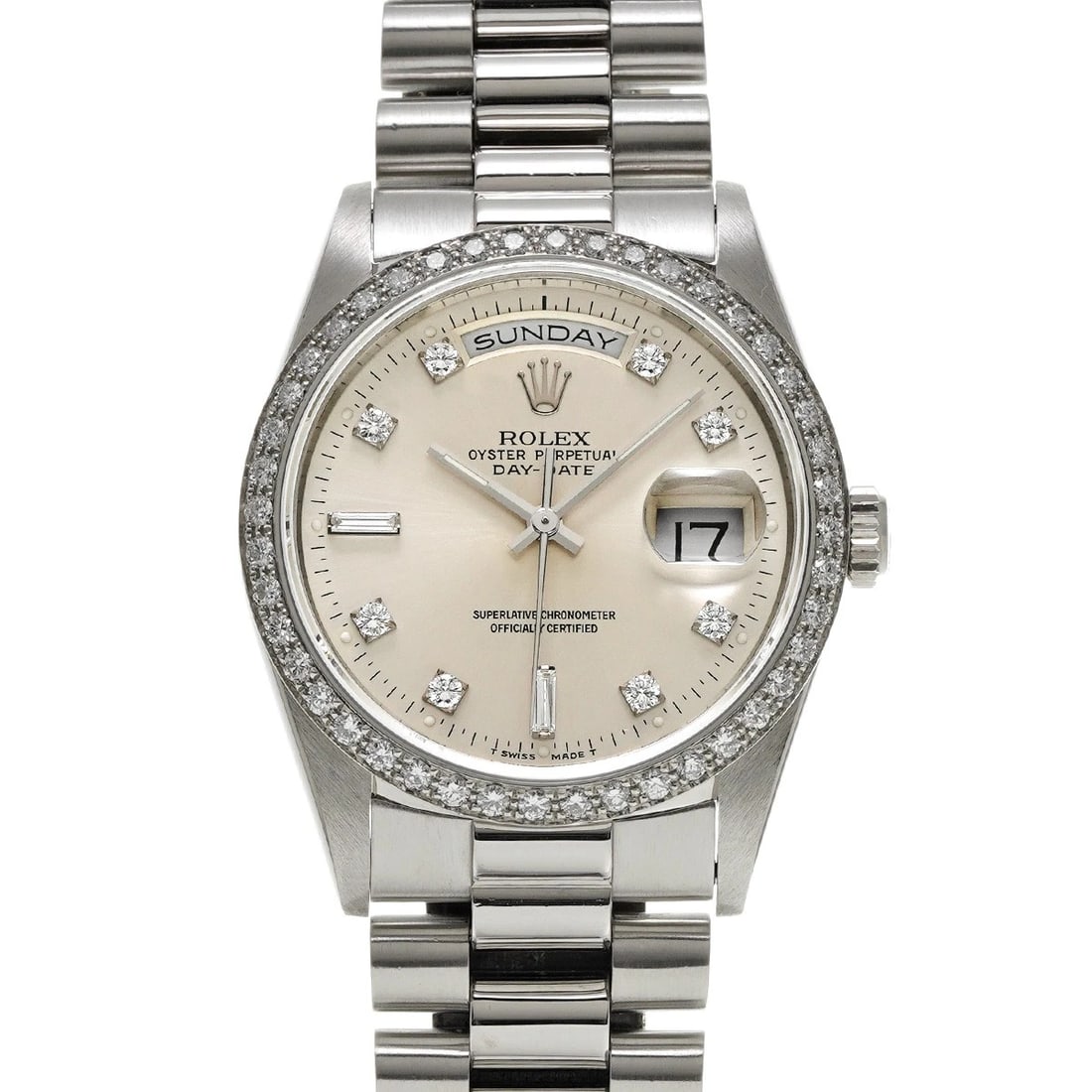 ROLEX DAY-DATE SILVER/DIAMOND WATCH: ROLEX Day-Date Silver/diamond Watch Brand: ROLEX Type/Style: Wristwatch Material: Band Material Platinum, Case Material Platinum Color: Dial Color Silver Size: ?Case? H/about 36mm W/about 36mm D/about