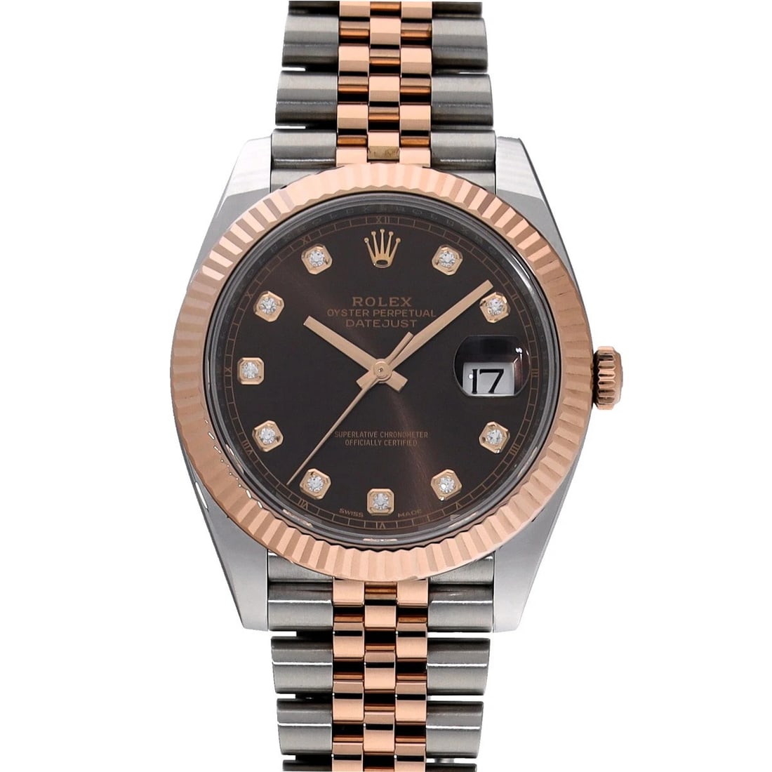ROLEX DATEJUST 41 CHOCOLATE BROWN/DIAMOND WATCH: ROLEX Datejust 41 Chocolate brown/diamond Watch Brand: ROLEX Type/Style: Wristwatch Material: Band Material Stainless steel/Everrose gold, Case Material Stainless steel Color: Dial Color Chocolate bro