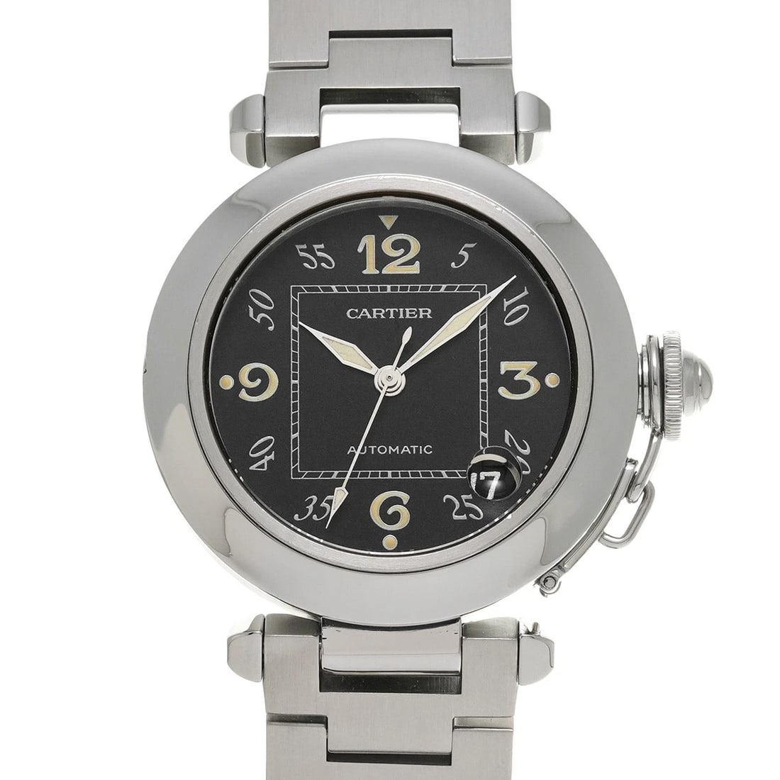 CARTIER PASHA C BLACK WATCH: CARTIER Pasha C black Watch Brand: CARTIER Type/Style: Wristwatch Material: Band Material Stainless steel, Case Material Stainless steel Color: Dial Color black Size: ?Case? H/about 35mm W/about 35mm 