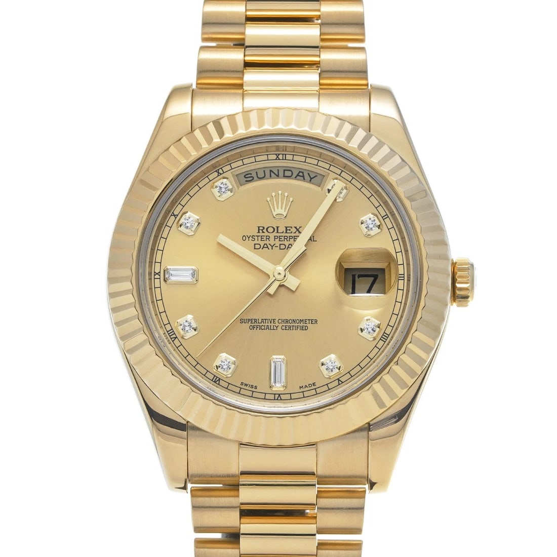 ROLEX DAY-DATE II CHAMPAGNE/DIAMOND WATCH: ROLEX Day-Date II Champagne/diamond Watch Brand: ROLEX Type/Style: Wristwatch Material: Band Material Yellow Gold, Case Material Yellow Gold Color: Dial Color Champagne Size: ?Case? H/about 41mm W/abo
