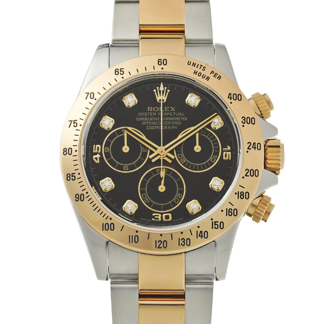 ROLEX COSMOGRAPH DAYTONA BLACK/DIAMOND WATCH: ROLEX Cosmograph Daytona black/diamond Watch Brand: ROLEX Type/Style: Wristwatch Material: Band Material Stainless steel/Yellow Gold, Case Material Stainless steel Color: Dial Color black Size: ?Case?
