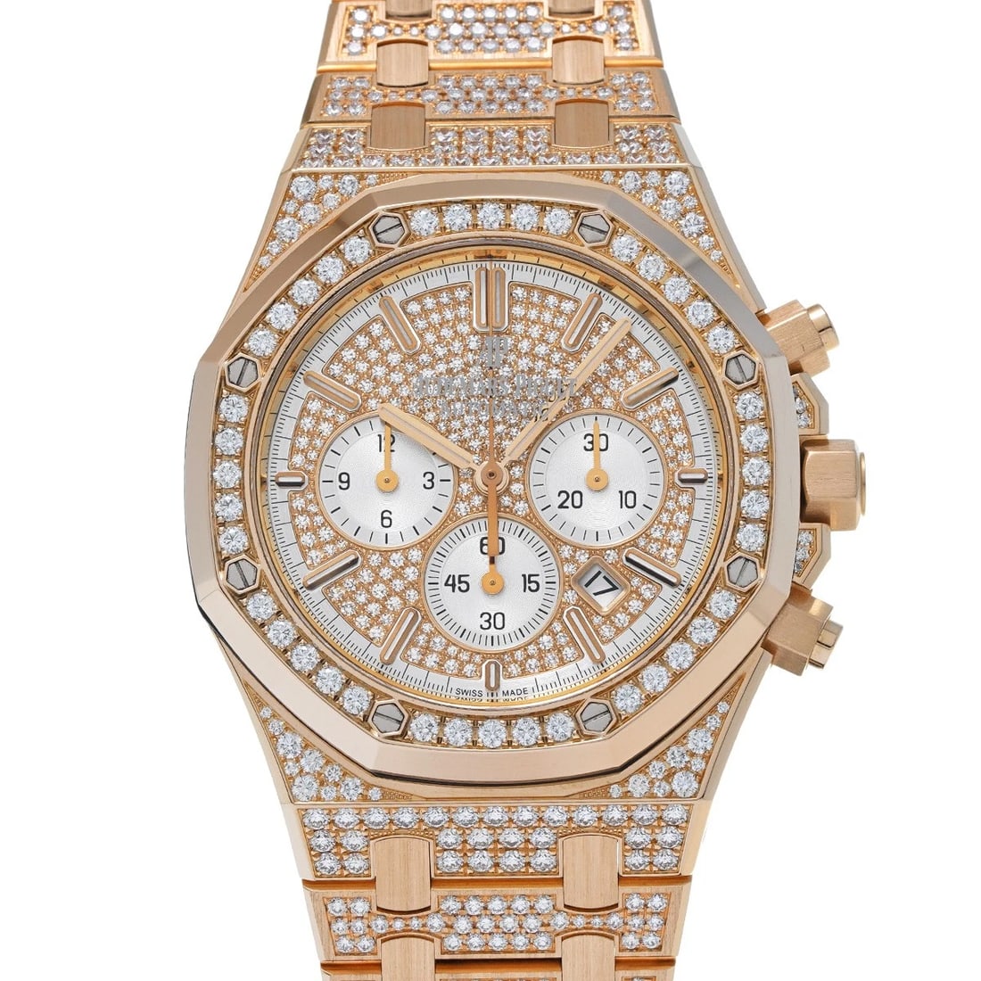 AUDEMARS PIGUET ROYAL OAK CHRONOGRAPH DIAMOND WATCH: AUDEMARS PIGUET Royal Oak Chronograph diamond Watch Brand: AUDEMARS PIGUET Type/Style: Wristwatch Material: Band Material Pink gold/diamond, Case Material Pink gold Color: Dial Color diamond Size: ?Ca